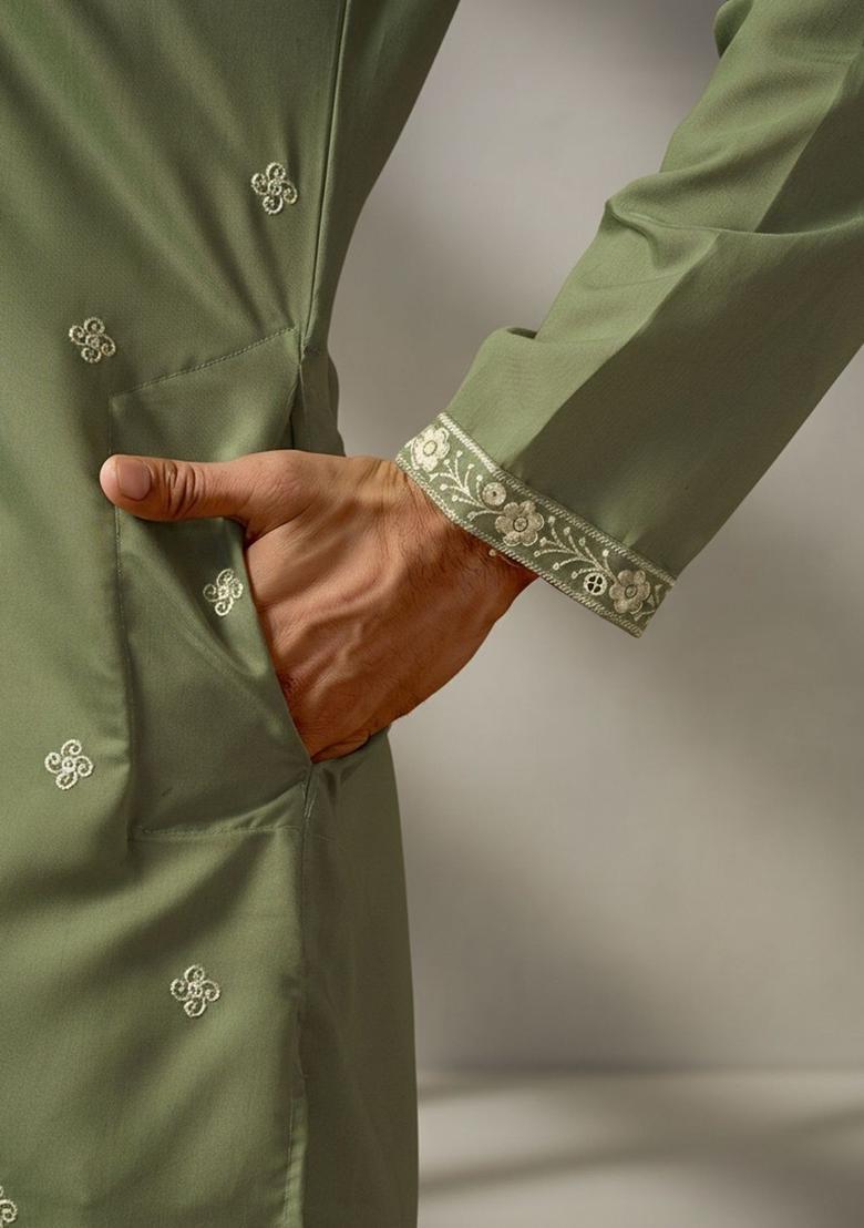 Olive Embroidered Cotton Kurta Set For Men - Indya