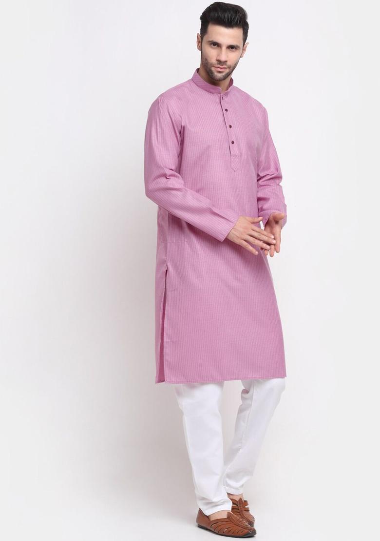 Purple Woven Design Cotton Kurta Set For Men - Indya