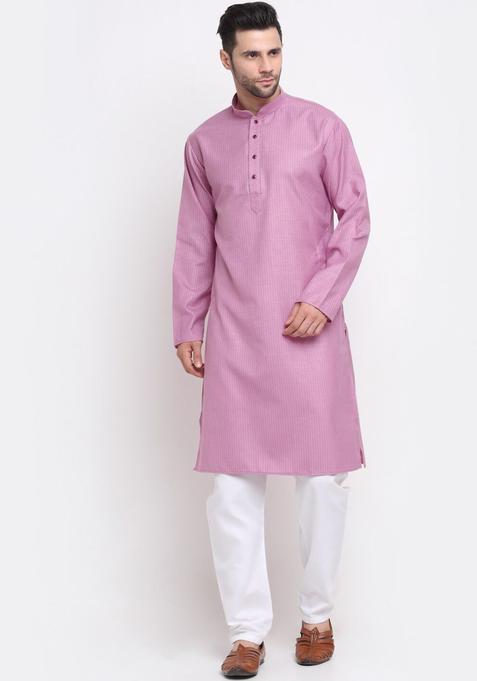 Purple Woven Design Cotton Kurta Set For Men