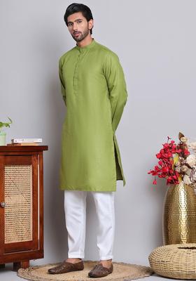 Olive Solid Cotton Kurta Set For Men