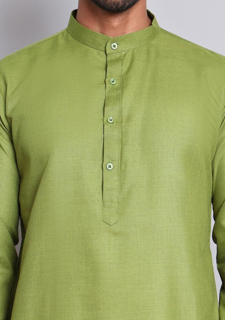 Olive Solid Cotton Kurta Set For Men - Indya