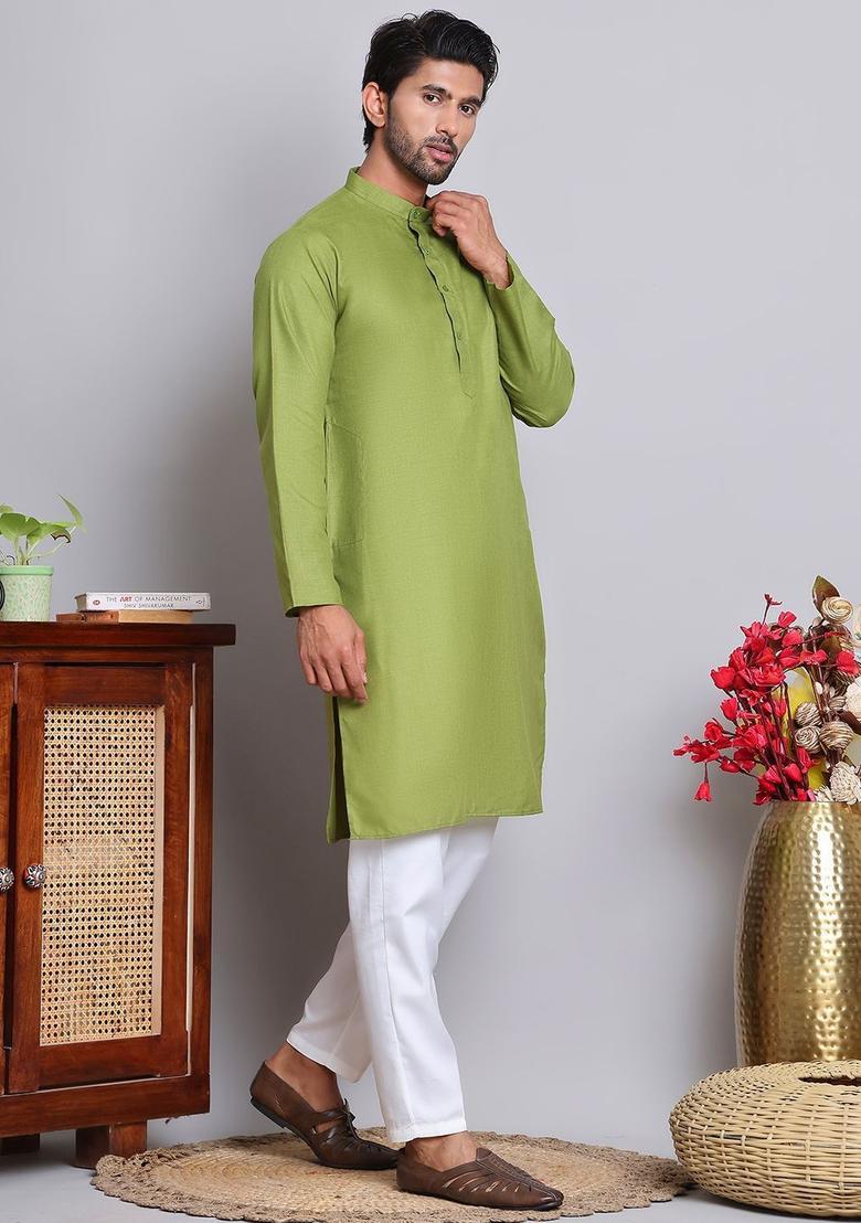Olive Solid Cotton Kurta Set For Men - Indya