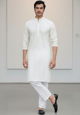 White Embroidered Cotton Kurta Set For Men