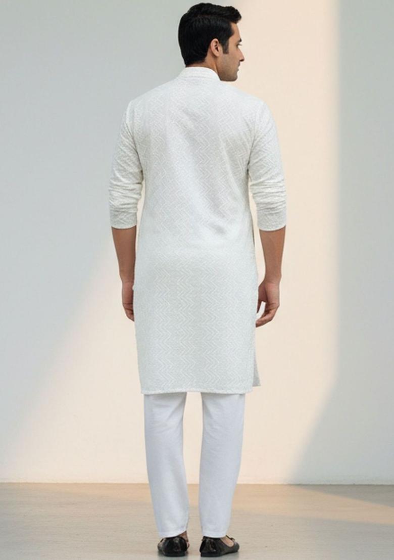 White Embroidered Cotton Kurta Set For Men - Indya