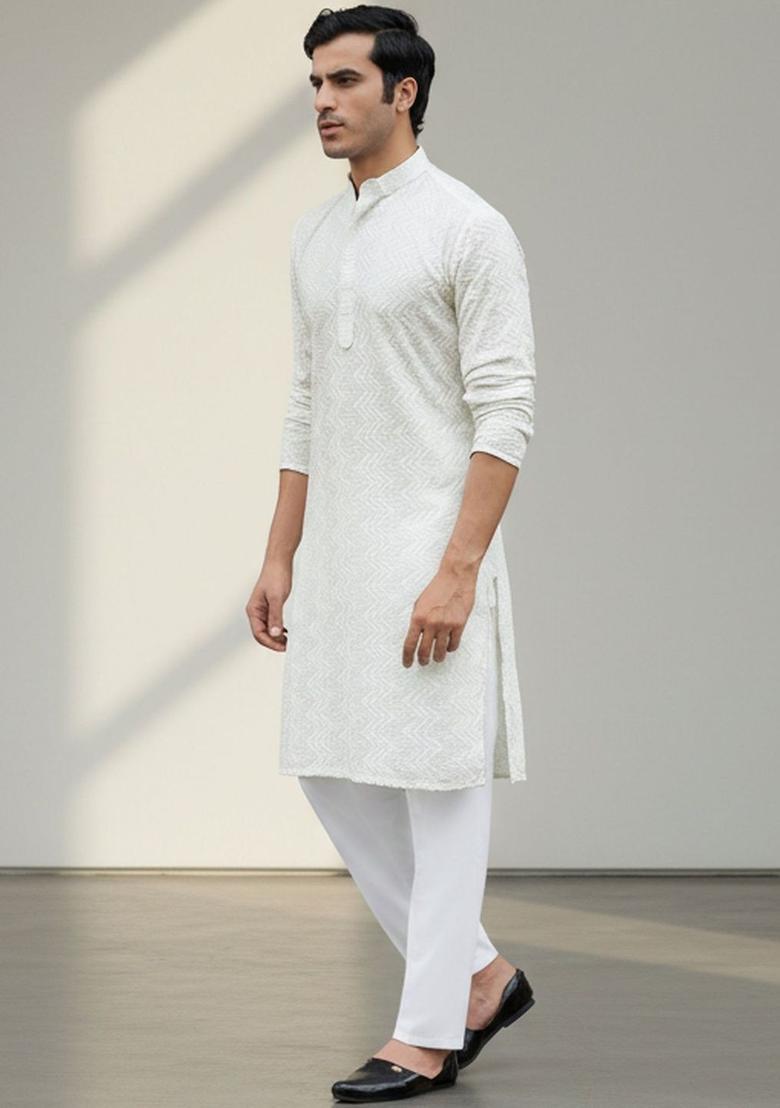 White Embroidered Cotton Kurta Set For Men - Indya