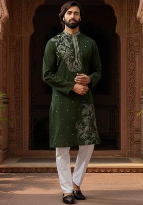 Olive Embroidered Cotton Kurta Set For Men