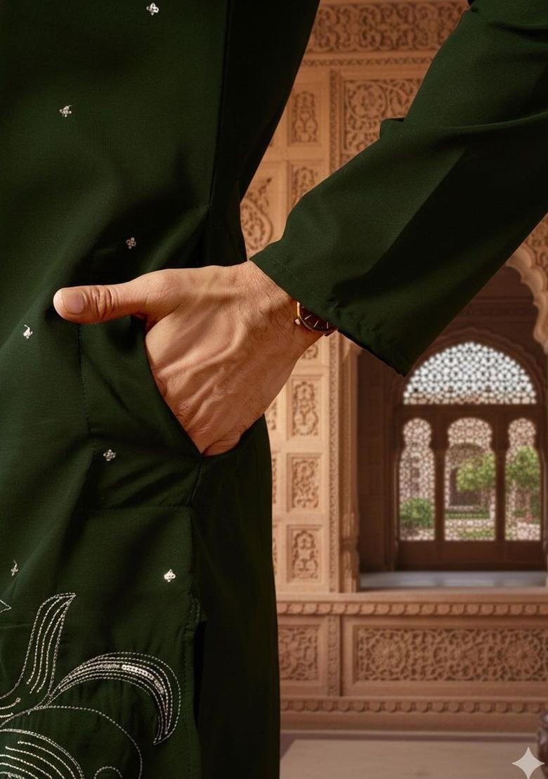 Olive Embroidered Cotton Kurta Set For Men - Indya
