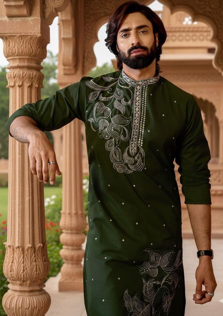 Olive Embroidered Cotton Kurta Set For Men - Indya