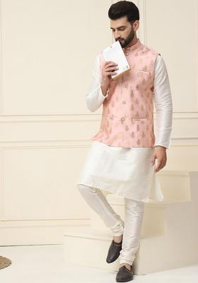 White Woven Design Silk Kurta Set For Men