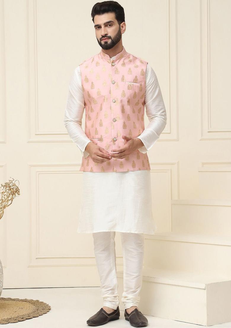 White Woven Design Silk Kurta Set For Men - Indya