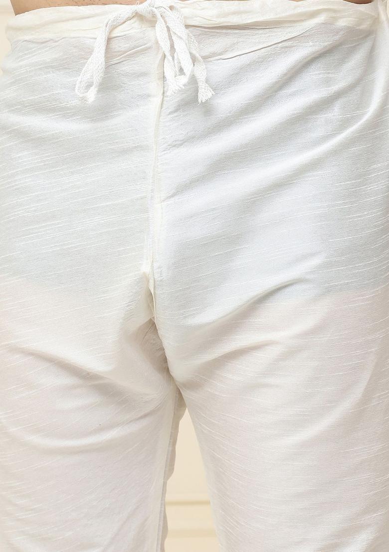 White Woven Design Silk Kurta Set For Men - Indya
