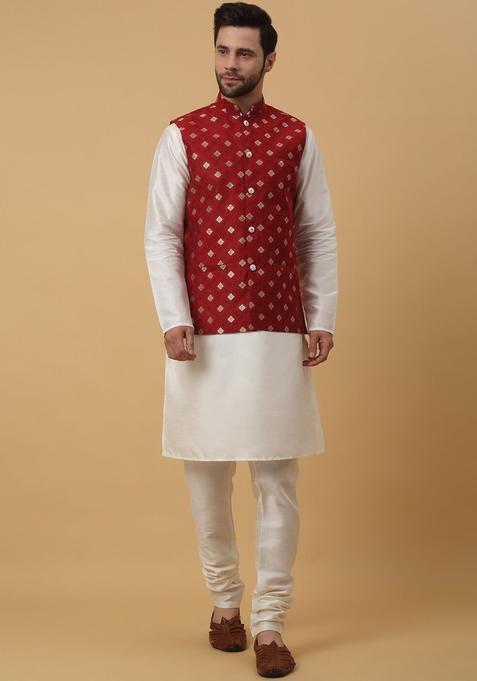 Beige Solid Silk Kurta Set For Men