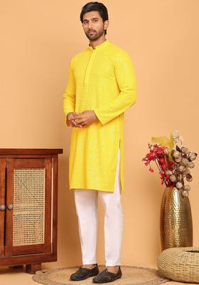 Yellow Embroidered Viscose Kurta Set For Men