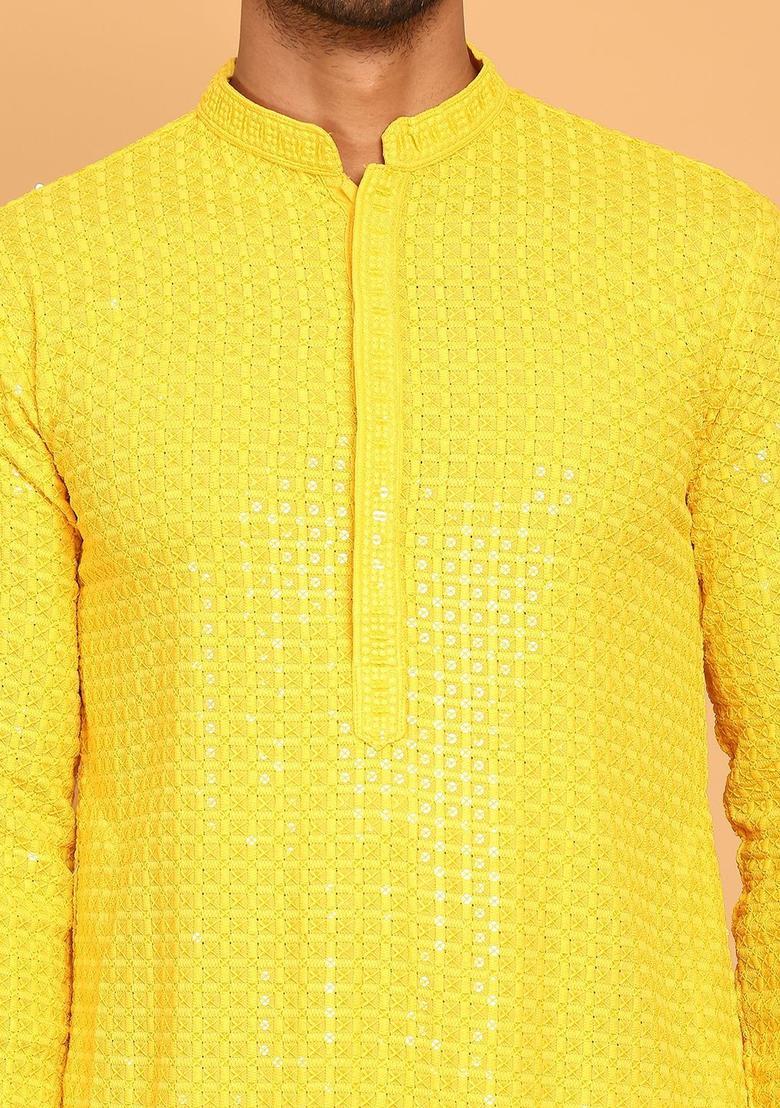 Yellow Embroidered Viscose Kurta Set For Men - Indya