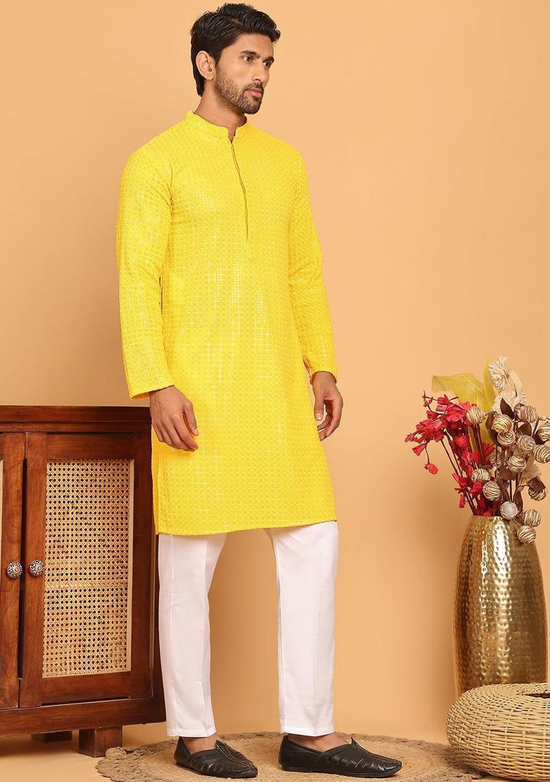 Yellow Embroidered Viscose Kurta Set For Men - Indya