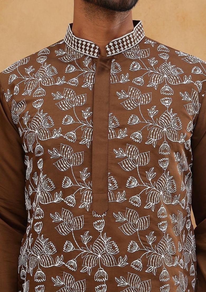 Brown Embroidered Silk Kurta Set For Men - Indya