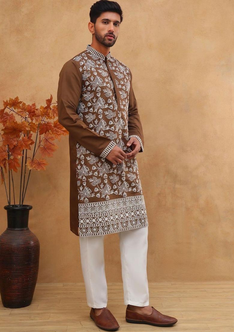 Brown Embroidered Silk Kurta Set For Men - Indya