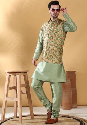 Olive Solid Silk Kurta Set For Men