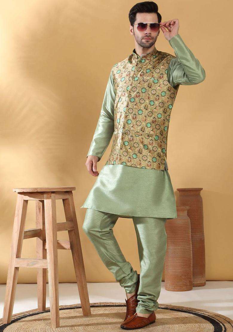 Olive Solid Silk Kurta Set For Men - Indya