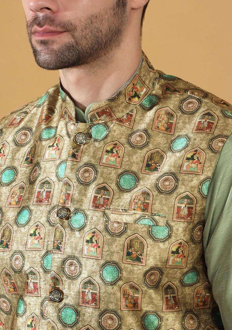 Olive Solid Silk Kurta Set For Men - Indya