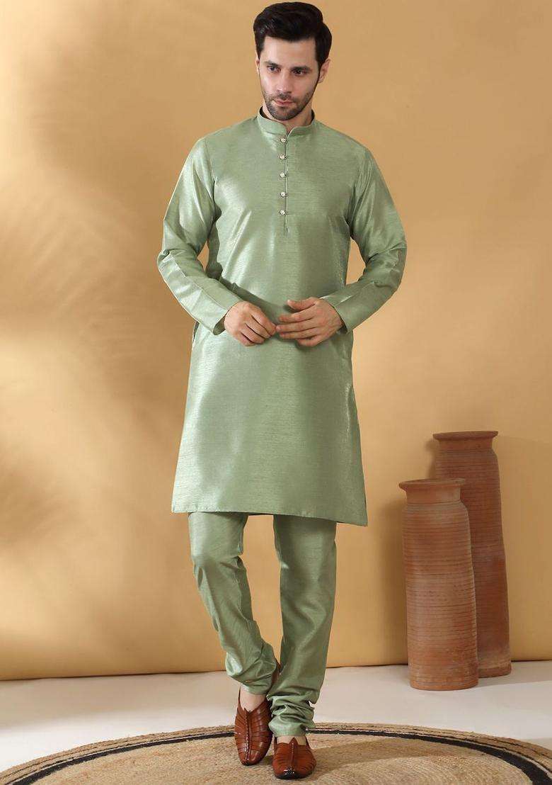 Olive Solid Silk Kurta Set For Men - Indya