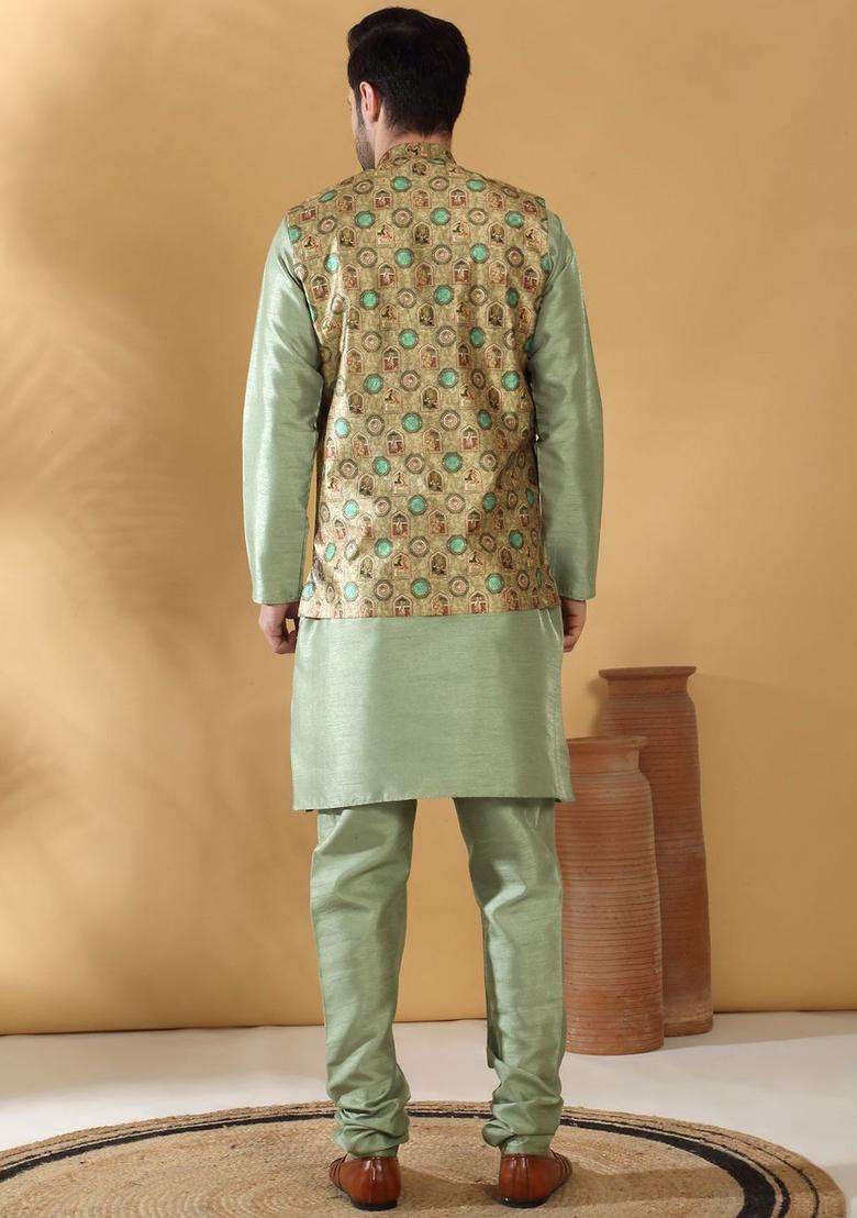 Olive Solid Silk Kurta Set For Men - Indya