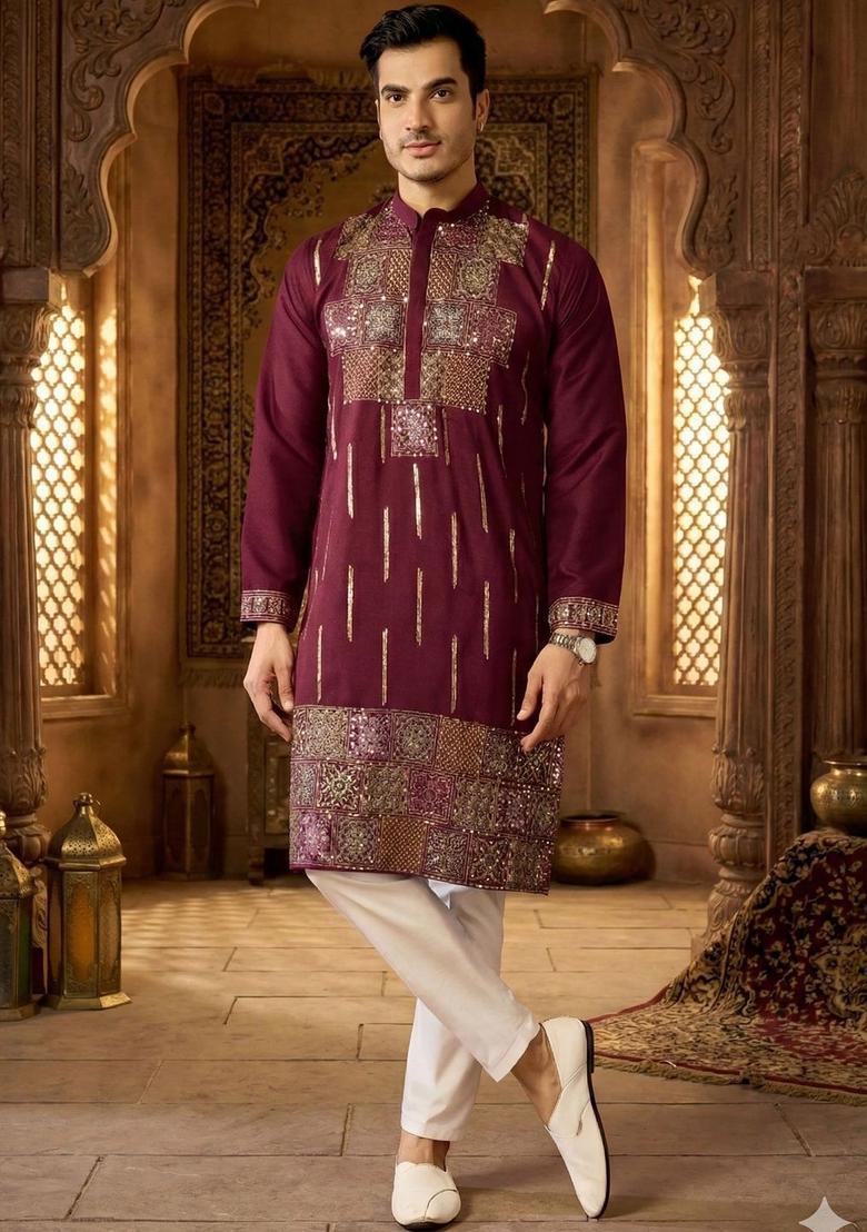 Maroon Embroidered Silk Kurta Set For Men - Indya