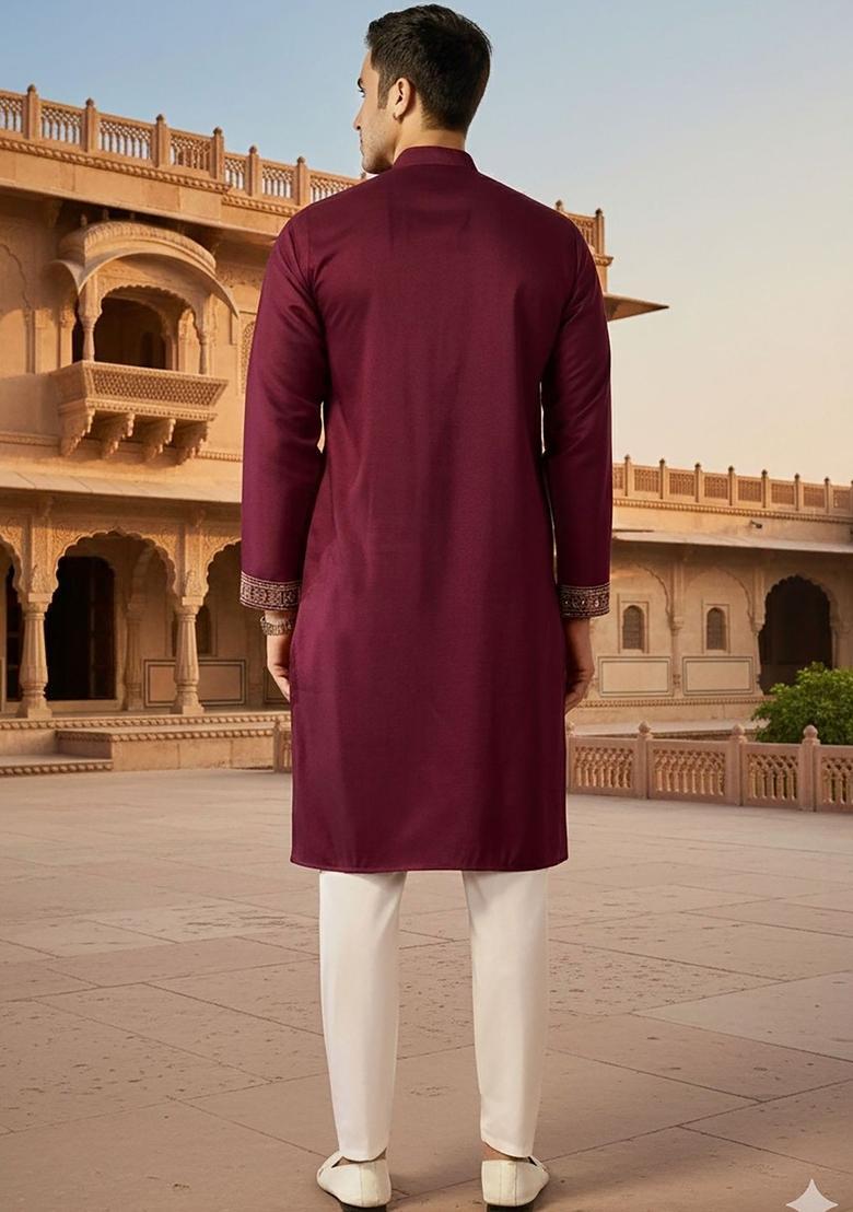 Maroon Embroidered Silk Kurta Set For Men - Indya