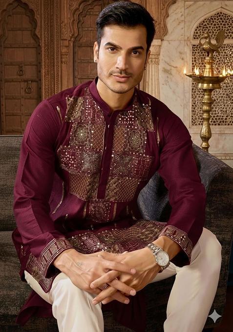 Maroon Embroidered Silk Kurta Set For Men