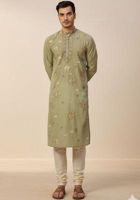 Olive Embroidered Silk Kurta Set For Men