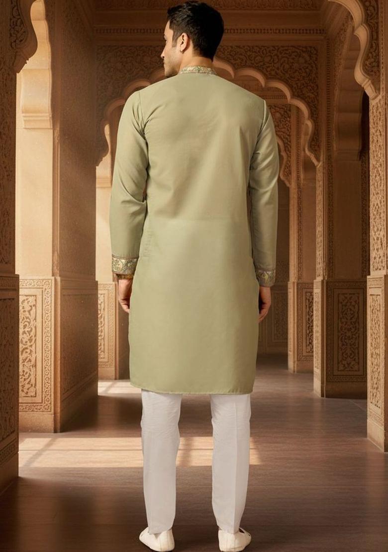 Olive Embroidered Silk Kurta Set For Men - Indya