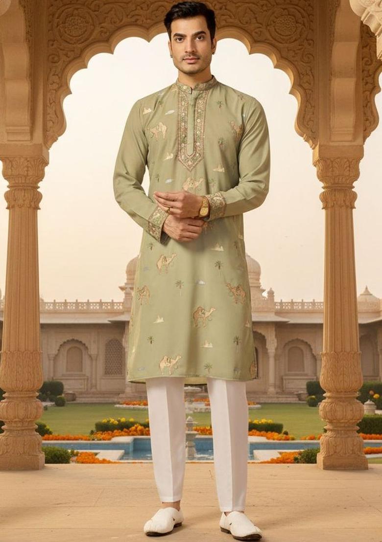 Olive Embroidered Silk Kurta Set For Men - Indya