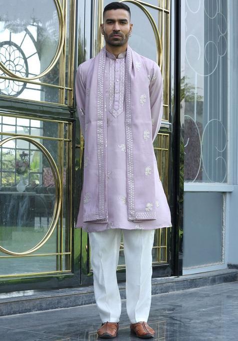 Purple Yoke Design Silk Kurta Set For Men