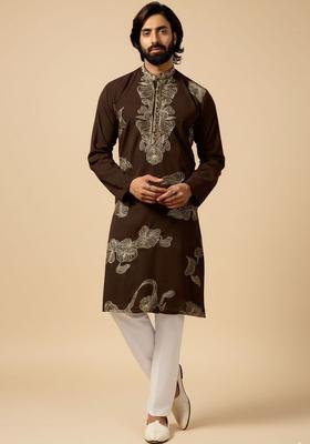 Brown Embroidered Cotton Kurta Set For Men