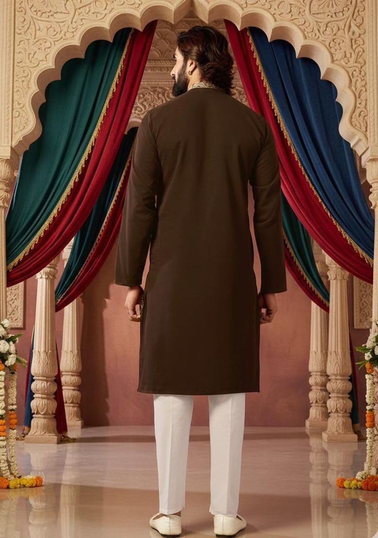 Brown Embroidered Cotton Kurta Set For Men - Indya