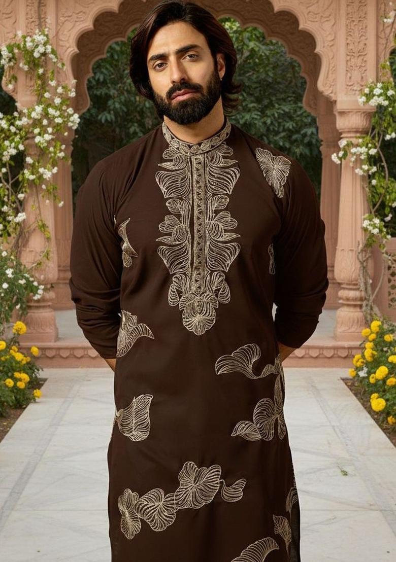 Brown Embroidered Cotton Kurta Set For Men - Indya