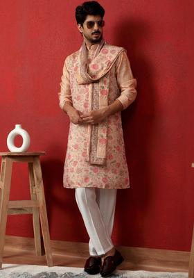 Peach Printed Silk Kurta Set For Men