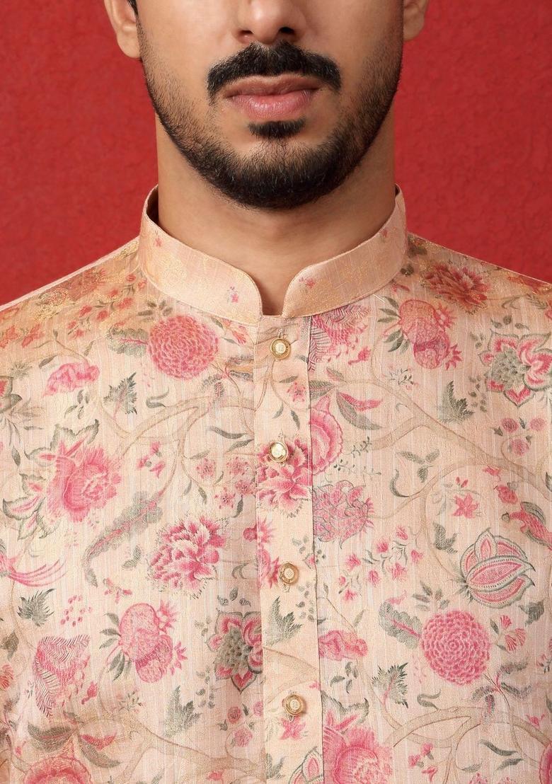 Peach Printed Silk Kurta Set For Men - Indya