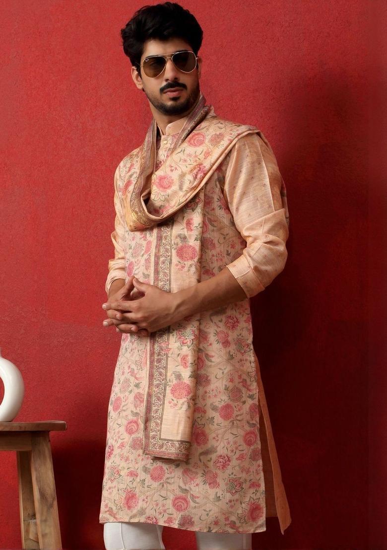 Peach Printed Silk Kurta Set For Men - Indya