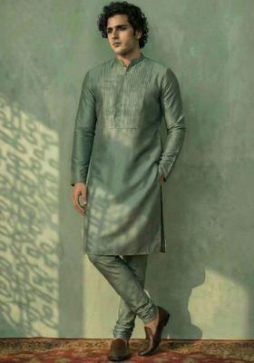Olive Solid Cotton Kurta Set For Men