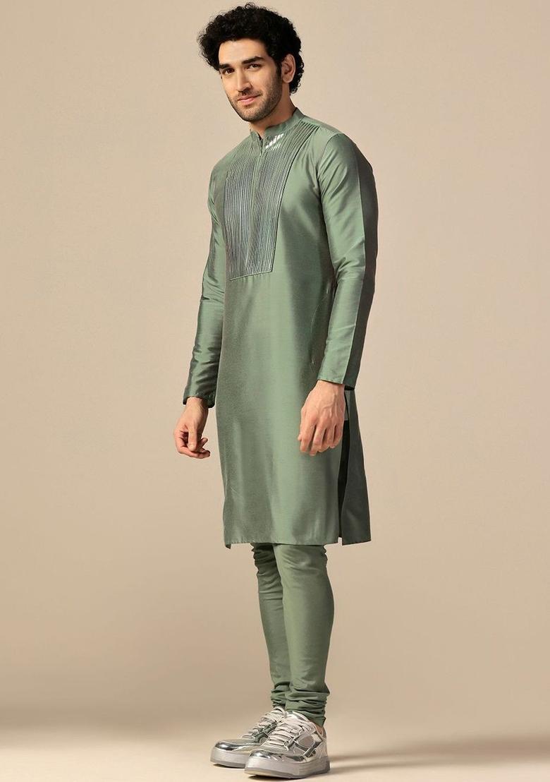 Olive Solid Cotton Kurta Set For Men - Indya