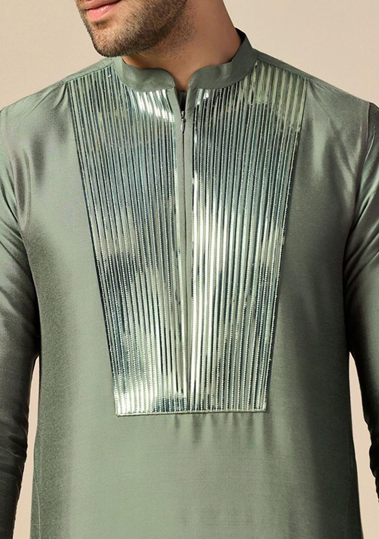 Olive Solid Cotton Kurta Set For Men - Indya