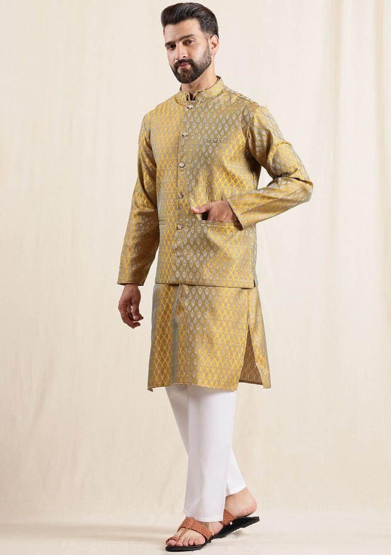 Yellow Woven Design Silk Kurta Set For Men - Indya