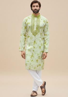 Green Dyed Cotton Kurta Set For Men
