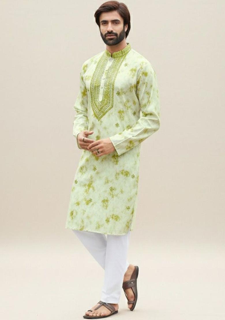Green Dyed Cotton Kurta Set For Men - Indya