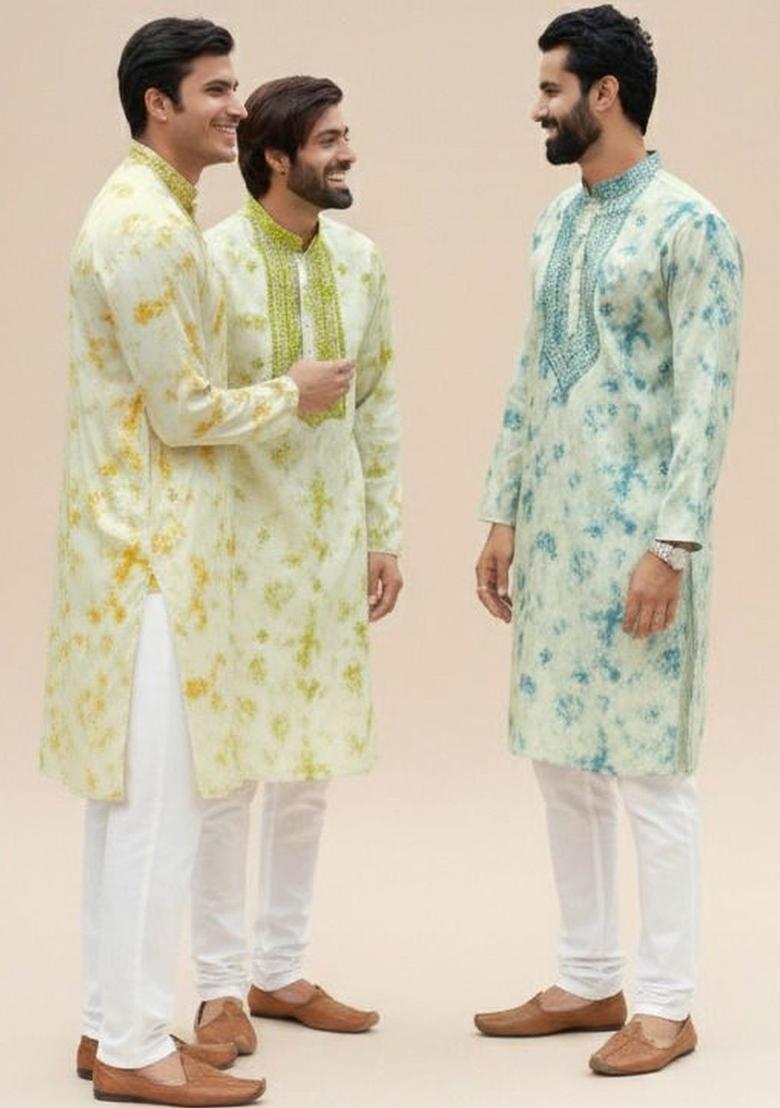 Green Dyed Cotton Kurta Set For Men - Indya