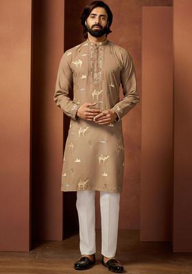 Brown Embroidered Cotton Kurta Set For Men