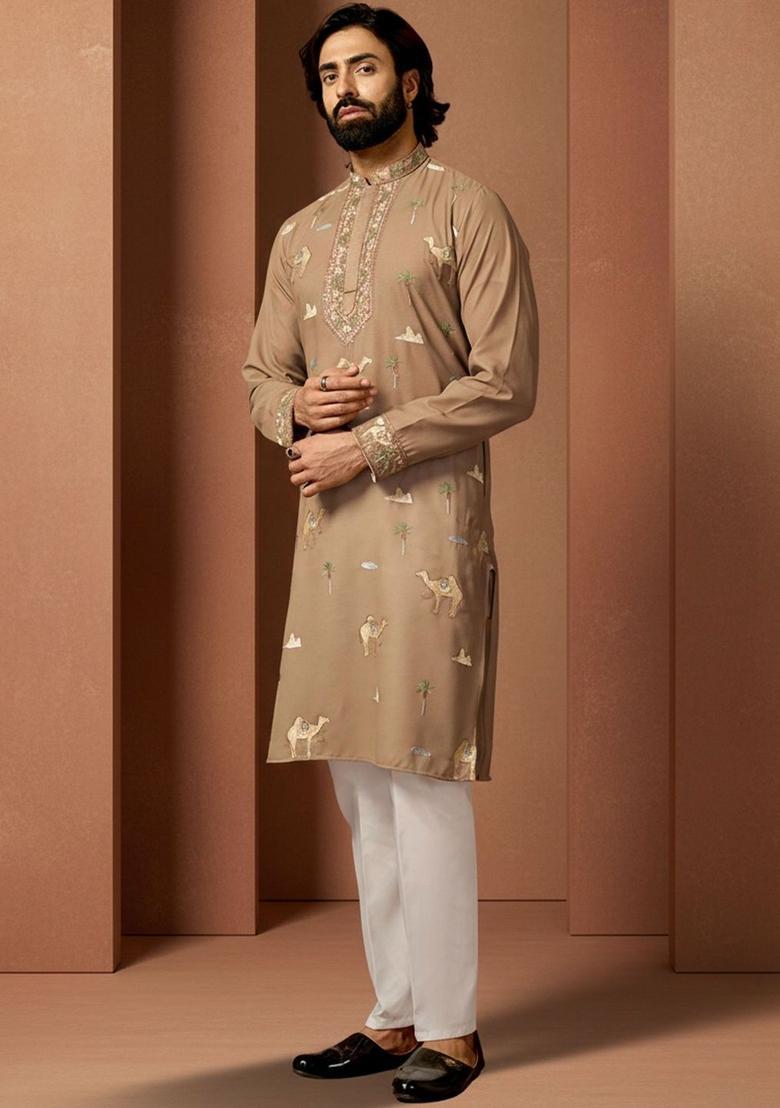 Brown Embroidered Cotton Kurta Set For Men - Indya