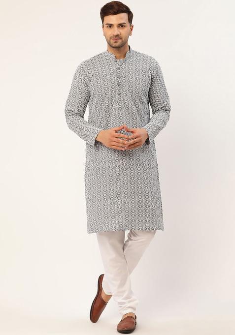 Grey Embroidered Cotton Kurta Set For Men