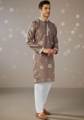 Brown Embroidered Cotton Kurta Set For Men